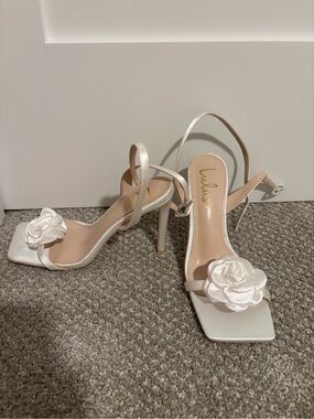 Lulu's Ivory Satin Floral Strap Heels